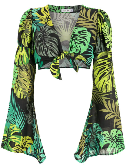 Tropical Print Cropped Tie Blouse