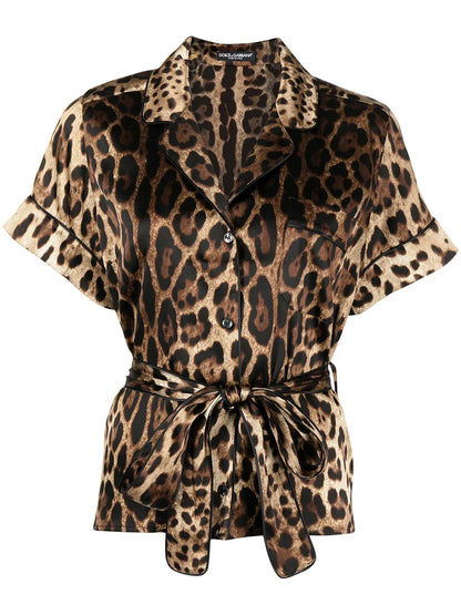 Leopard-Print Belted Silk Shirt