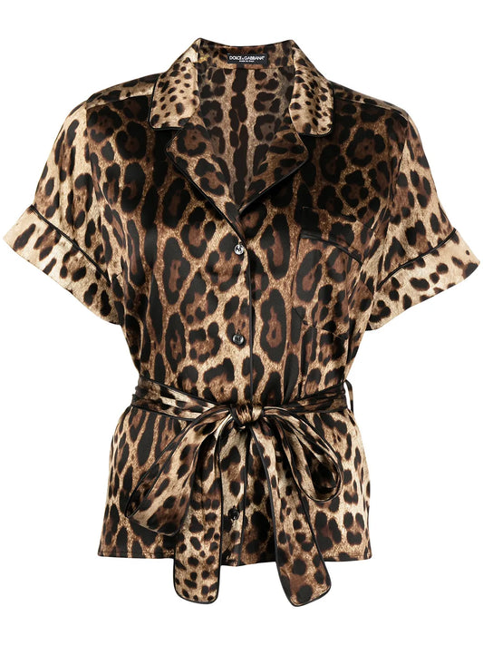 Leopard-Print Belted Silk Shirt
