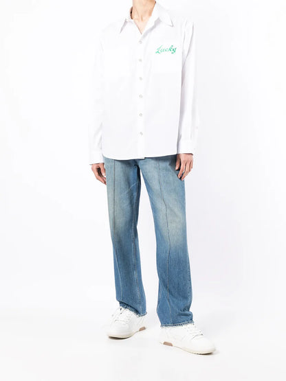 Slogan-Print Button-Up Shirt