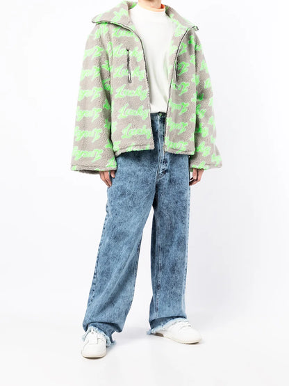 Slogan-Print Zip-Up Fleece Jacket