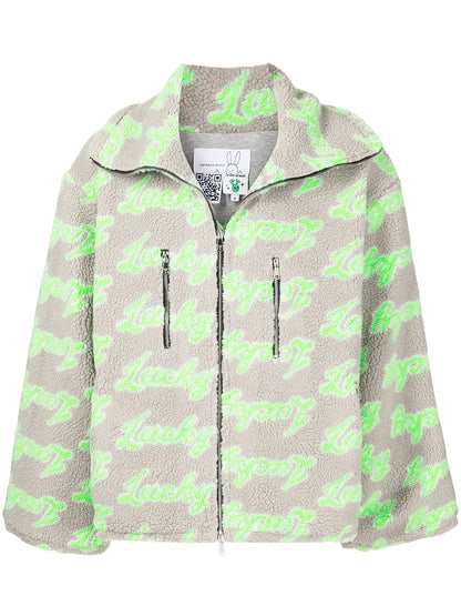 Slogan-Print Zip-Up Fleece Jacket