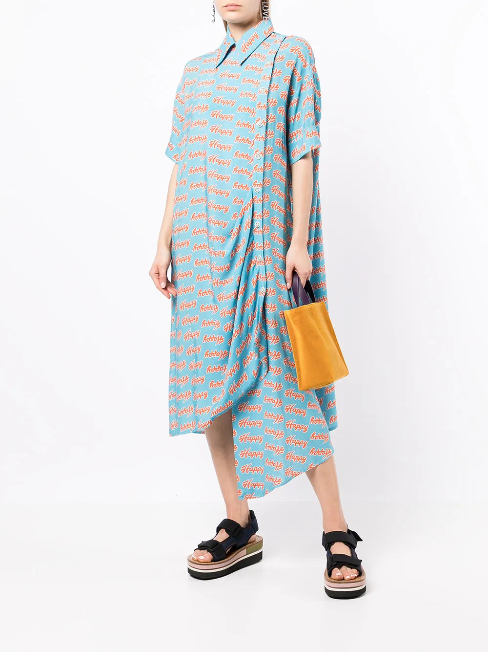 Slogan-Print Asymmetric Shirt Dress