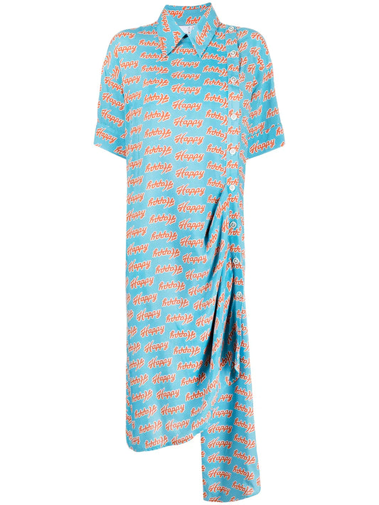 Slogan-Print Asymmetric Shirt Dress