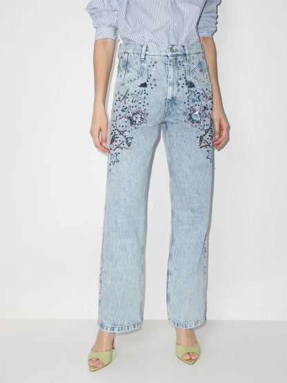 Floral-Embroidered Straight-Leg Jeans