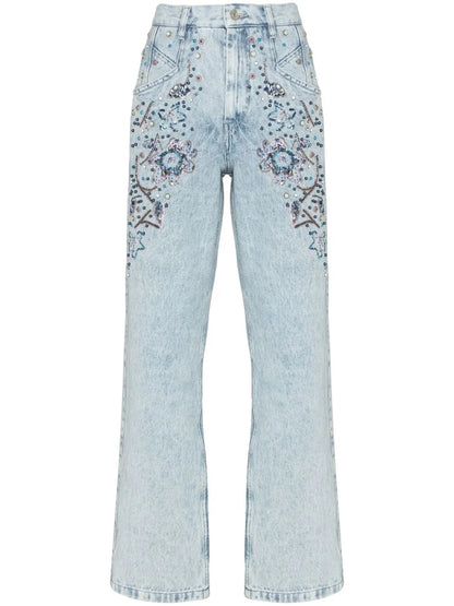 Floral-Embroidered Straight-Leg Jeans
