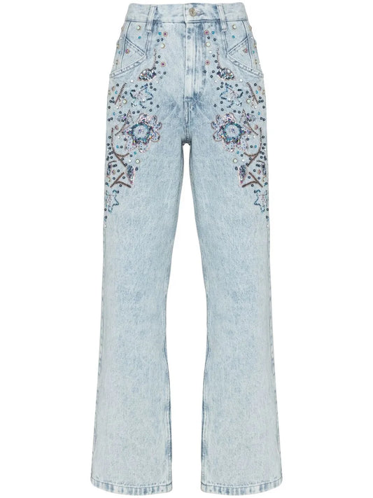 Floral-Embroidered Straight-Leg Jeans