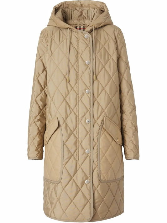 Diamond-Quilted Hooded Coat