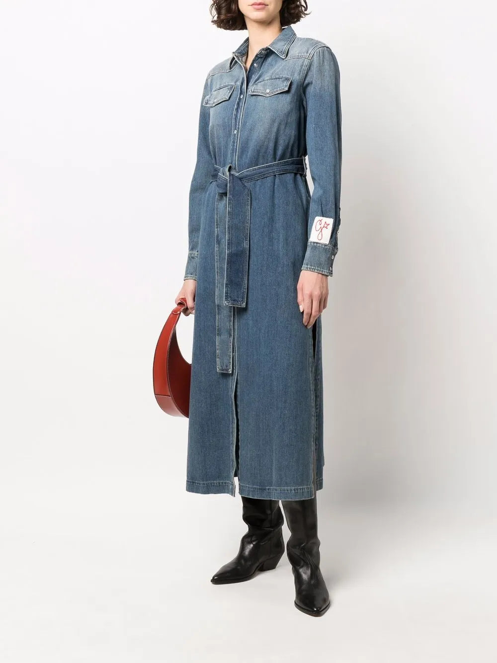 Logo-Patch Long-Sleeve Denim Dress