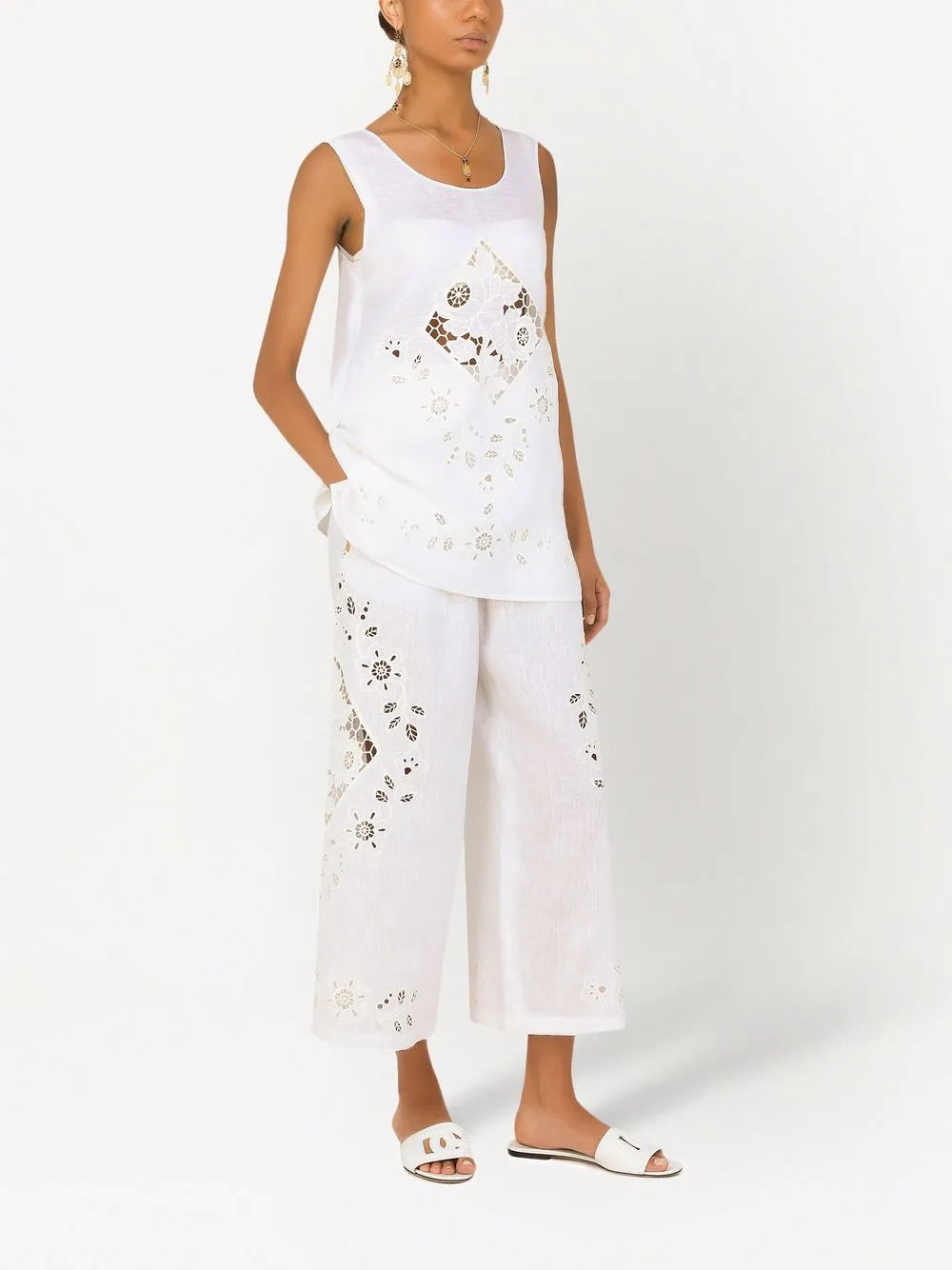 Embroidered Cropped Linen Trousers