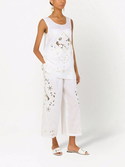 Embroidered Cropped Linen Trousers