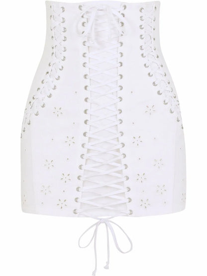 Lace-Up Embroidered Miniskirt