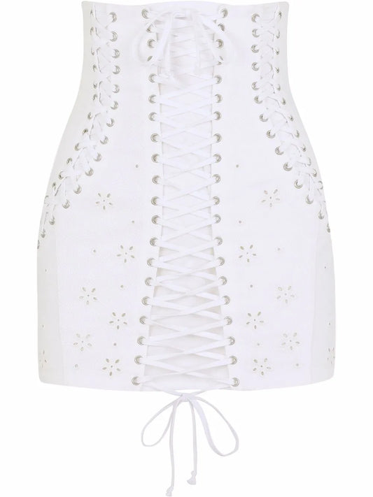 Lace-Up Embroidered Miniskirt