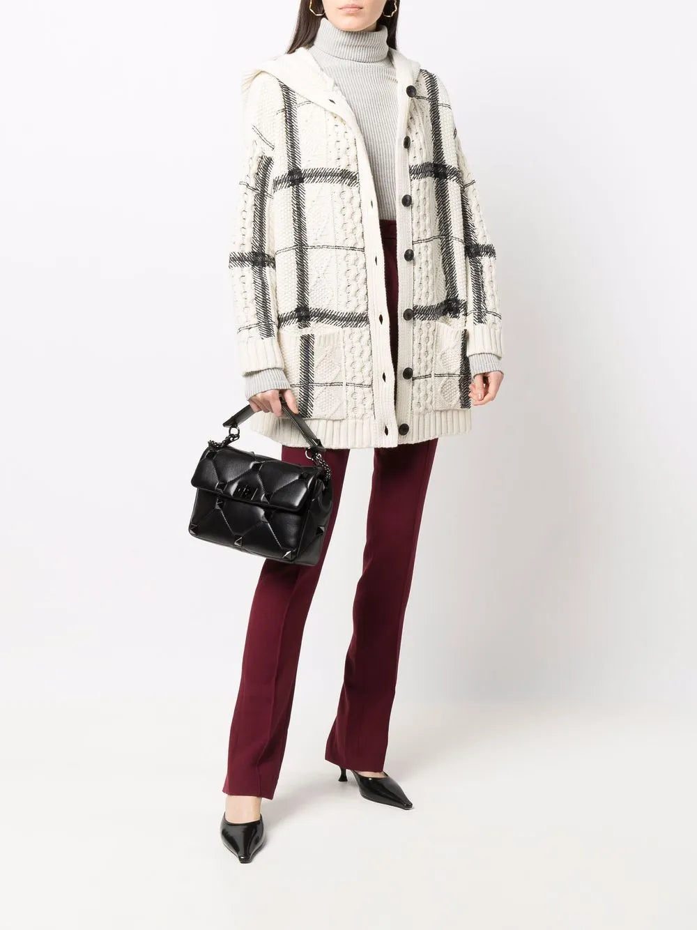 Bead-Embellished Check-Pattern Hooded Cardigan