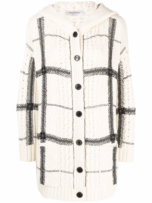 Bead-Embellished Check-Pattern Hooded Cardigan