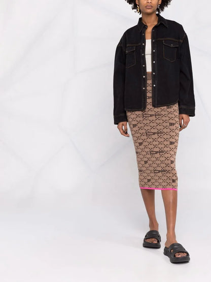 Intarsia-Knit Arrows-Logo Pencil Skirt