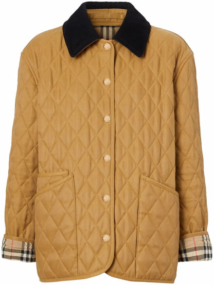 Corduroy-Collar Diamond-Quilted Jacket