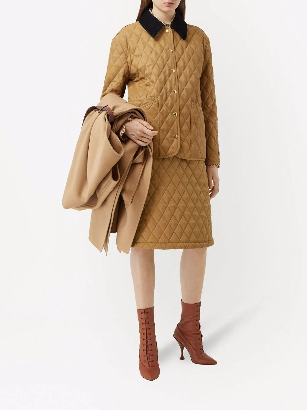 Corduroy-Collar Diamond-Quilted Jacket