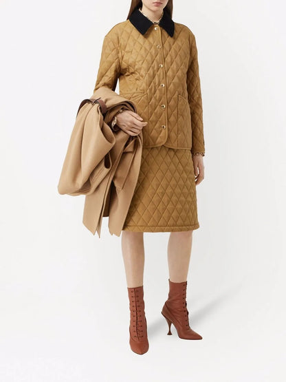 Corduroy-Collar Diamond-Quilted Jacket