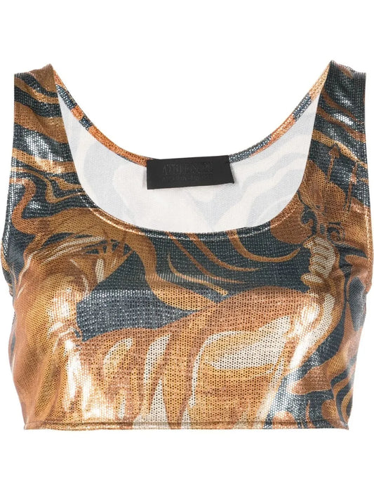 Swirl Print Metallic Crop Top