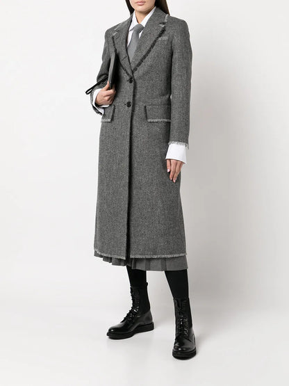 Frayed Trim Single-Breasted Coat