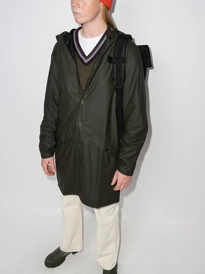 Longer Drawstring-Hood Raincoat