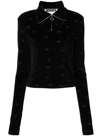 Monogrammed-Velvet Funnel-Neck Top