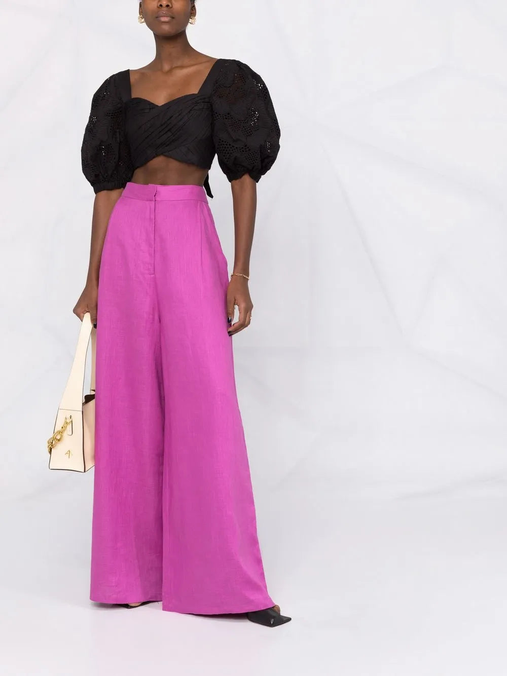 Lace Puff-Sleeves Crossover Cropped Top