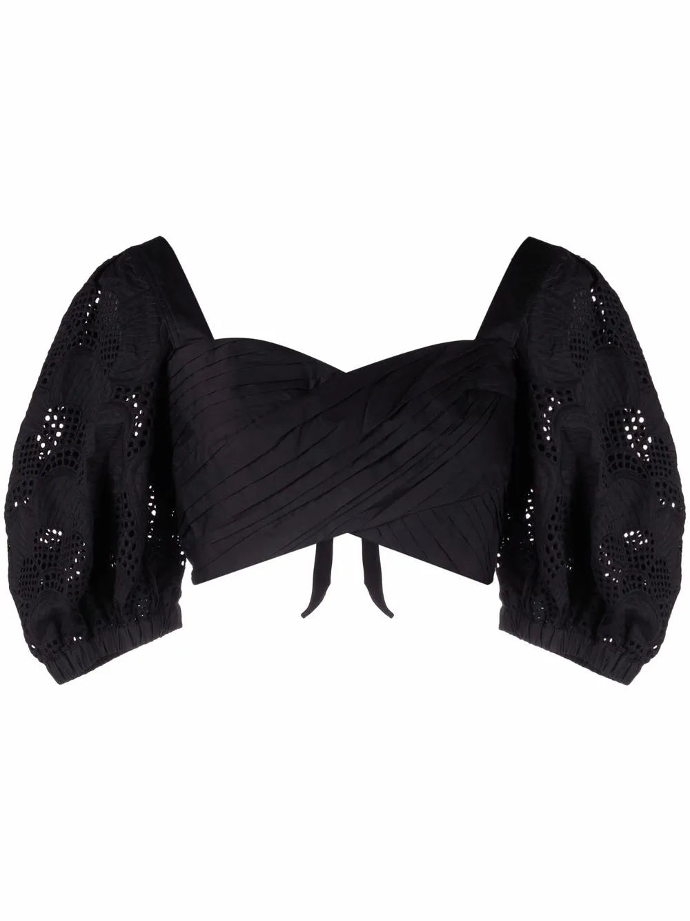 Lace Puff-Sleeves Crossover Cropped Top