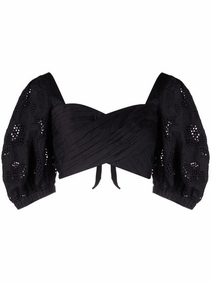 Lace Puff-Sleeves Crossover Cropped Top