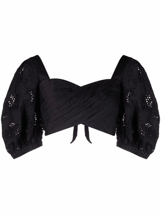 Lace Puff-Sleeves Crossover Cropped Top
