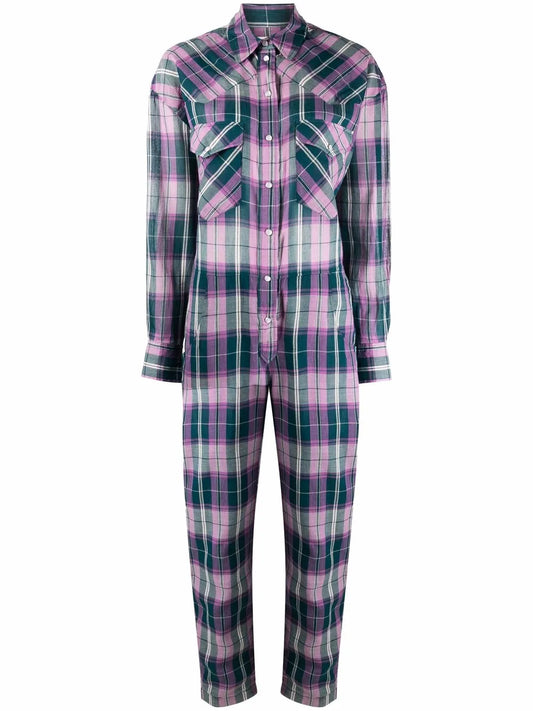 Check-Print Button-Up Jumpsuit