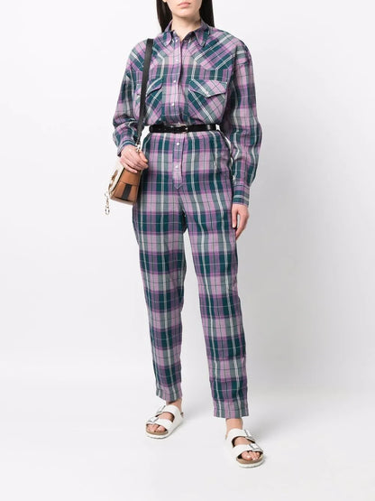 Check-Print Button-Up Jumpsuit