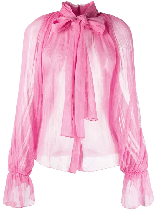 Semi-Sheer Pussybow Silk Blouse