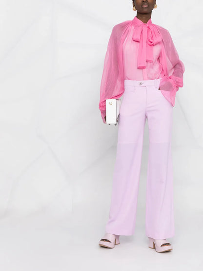 Semi-Sheer Pussybow Silk Blouse
