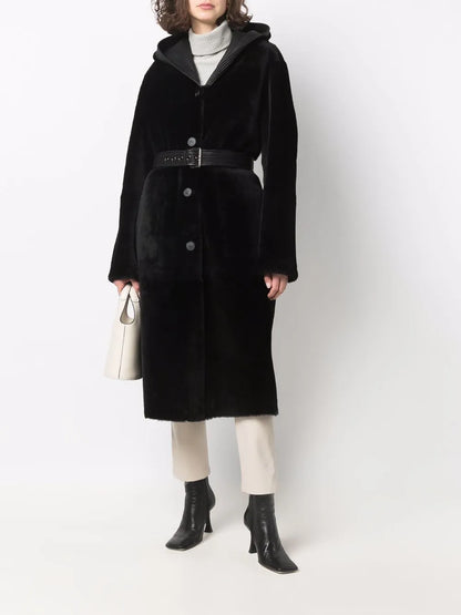 Reversible Hooded Shearling Coat