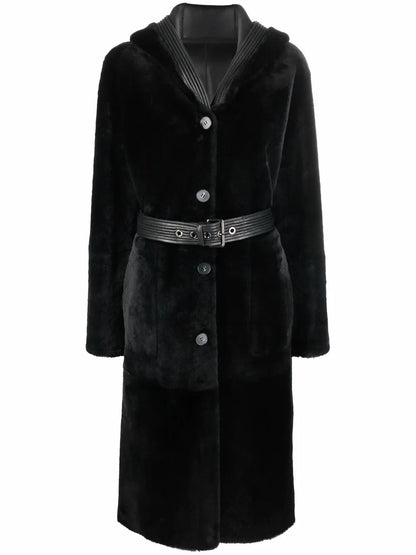 Reversible Hooded Shearling Coat