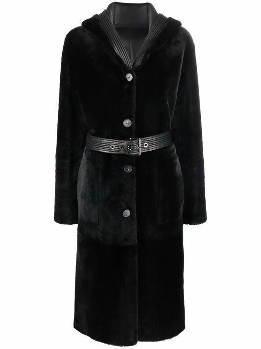 Reversible Hooded Shearling Coat
