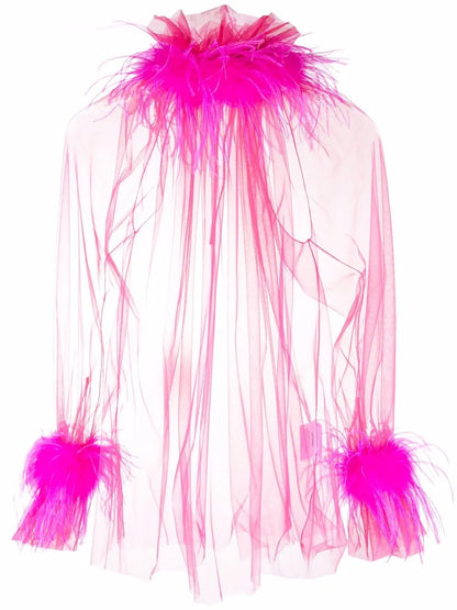 Feather-Trim Sheer Blouse