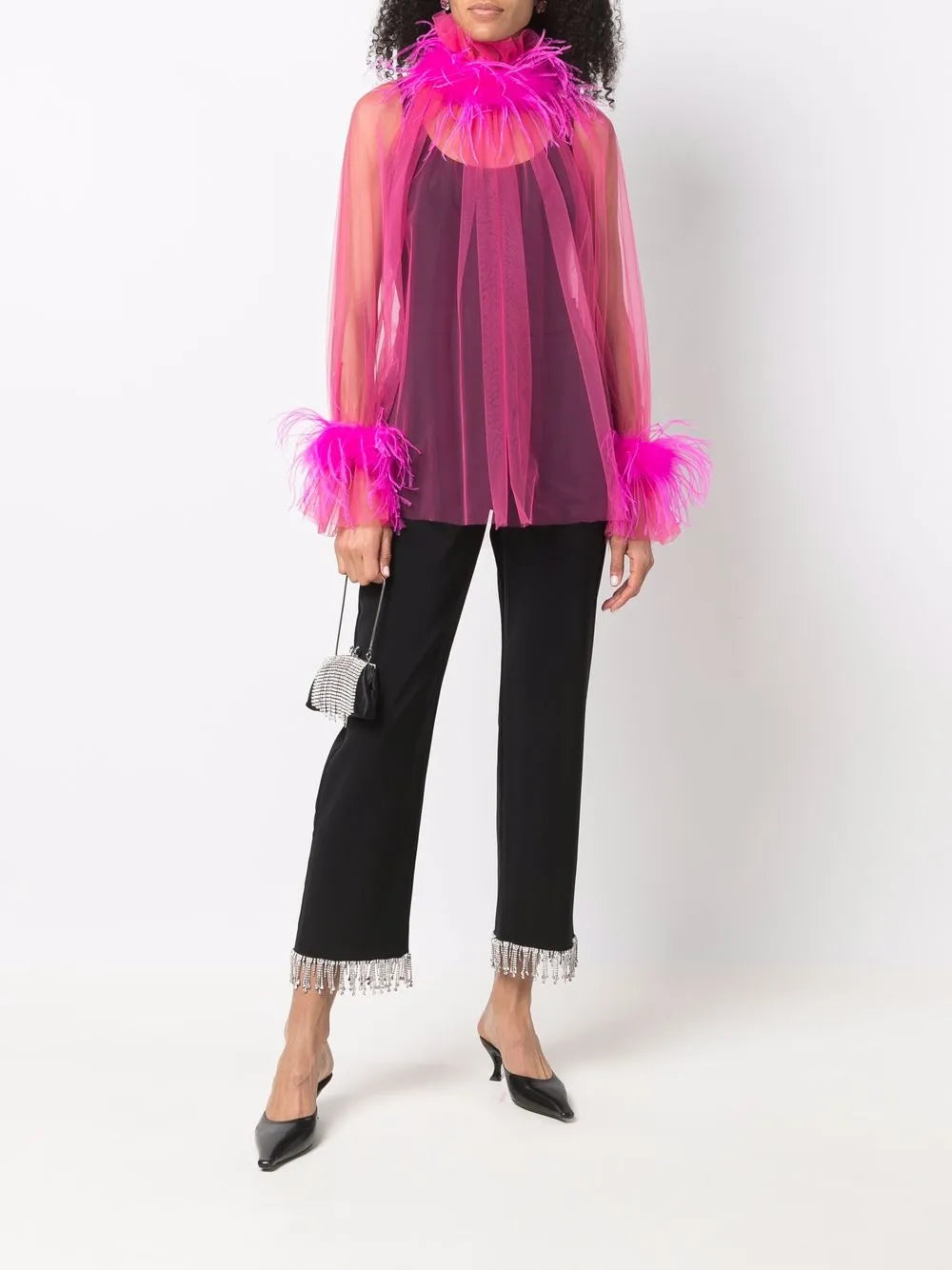 Feather-Trim Sheer Blouse