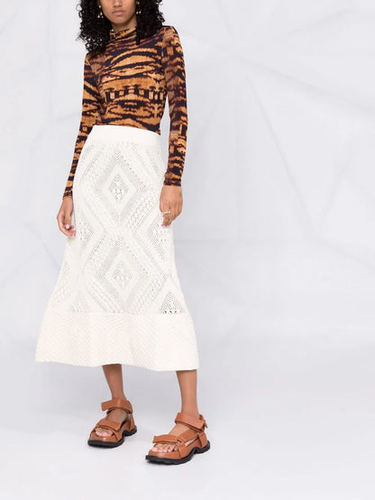 Open-Knit Patterned Midi Skirt