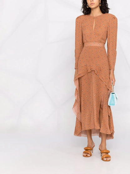 Graphic-Print Silk Ruffled Dress