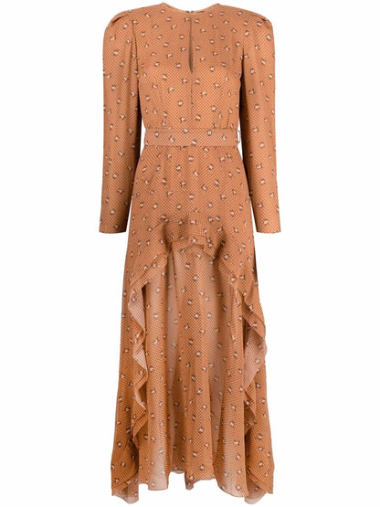 Graphic-Print Silk Ruffled Dress
