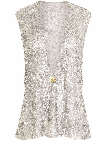 Sequin-Embellished Sleeveless Blouse