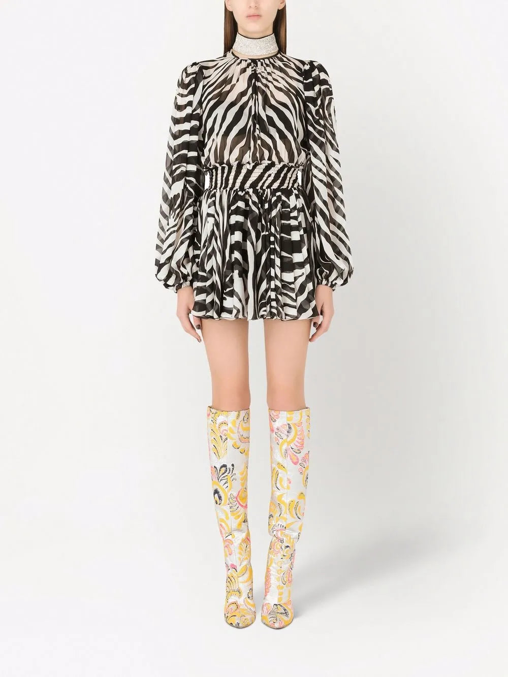 Zebra-Print Puff-Sleeve Mini Dress
