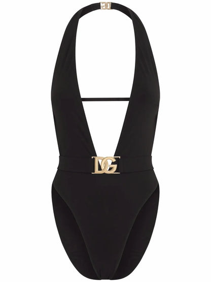 Plunge-Neck Belted Swimsuit
