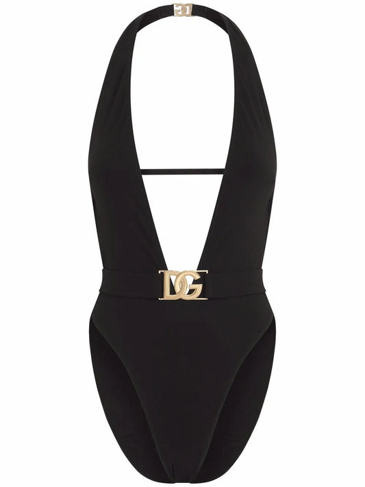Plunge-Neck Belted Swimsuit