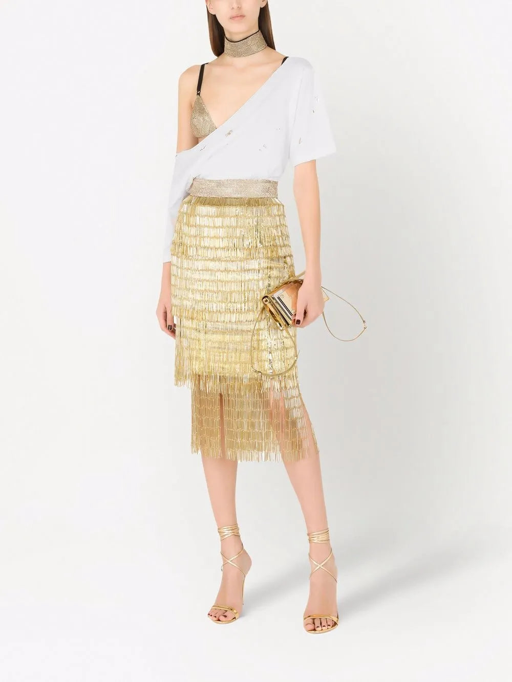 Crystal-Embellished Fringed Skirt