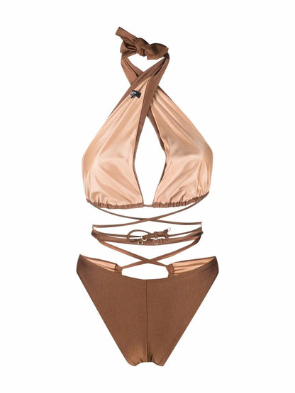 Lattice-Strap Halterneck Swimsuit