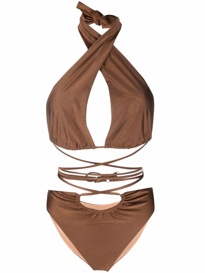 Lattice-Strap Halterneck Swimsuit